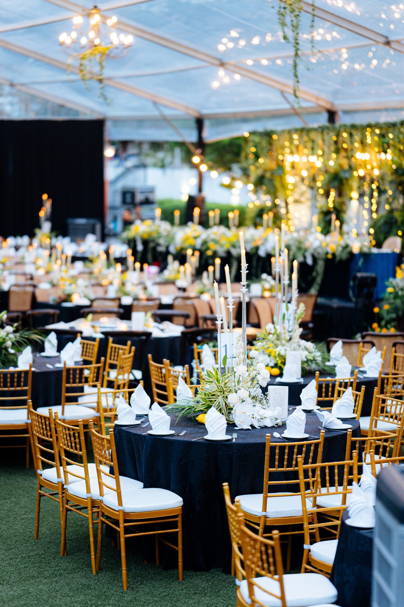 Elegant outdoor event setup at The Agam with decorated tables, chairs, and marquee, showcasing services like lighting and decorations.