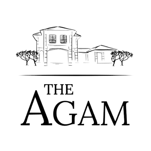 The Agam event venue logo featuring an outline of the venue's colonial-inspired architecture.