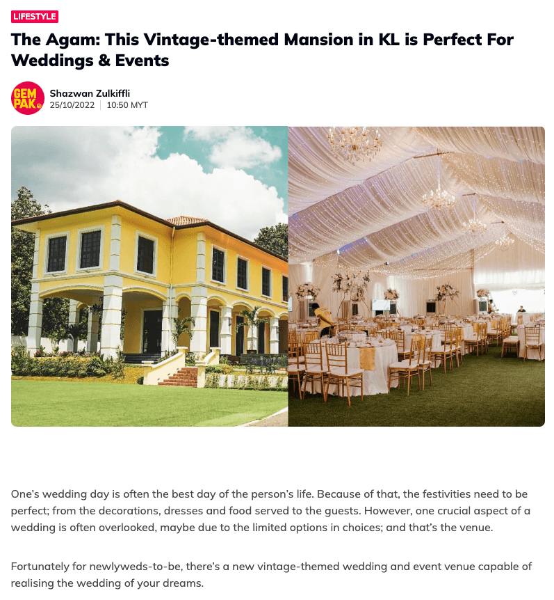 The Agam vintage-themed mansion featured on Rojak Daily for weddings and events, highlighting its colonial architecture and grand outdoor event space setup.